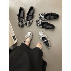 時尚部落仙女風銀色水鑽瑪麗珍鞋女2025年春季新款平底配裙子單鞋