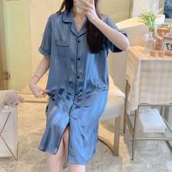 長款過膝冰絲睡裙女夏季短袖薄款加大碼胖mm200斤真絲綢條紋睡衣