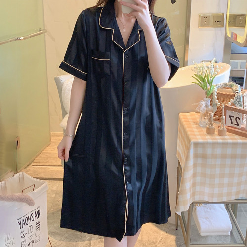 長款過膝冰絲睡裙女夏季短袖薄款加大碼胖mm200斤真絲綢條紋睡衣 長款過膝冰絲睡裙女夏季短袖薄款加大碼胖mm200斤真絲綢條紋睡衣