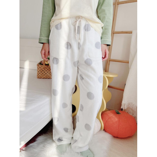 加厚法蘭絨睡褲女長褲印花圓點加絨保暖寬鬆直筒平口珊瑚絨家居褲