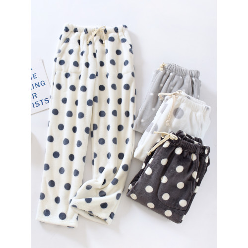 加厚法蘭絨睡褲女長褲印花圓點加絨保暖寬鬆直筒平口珊瑚絨家居褲