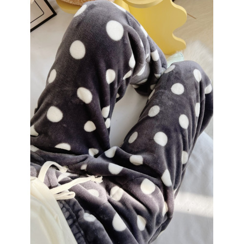 加厚法蘭絨睡褲女長褲印花圓點加絨保暖寬鬆直筒平口珊瑚絨家居褲