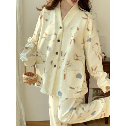 春秋睡衣女大碼200斤帶胸墊防凸點薄款開衫兔子長袖寬鬆家居服