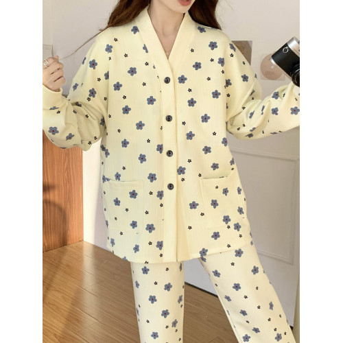 春秋睡衣女大碼200斤帶胸墊防凸點薄款開衫兔子長袖寬鬆家居服