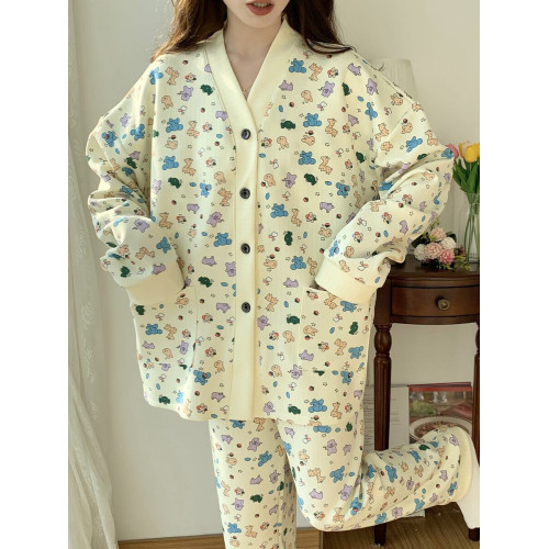 春秋睡衣女大碼200斤帶胸墊防凸點薄款開衫兔子長袖寬鬆家居服