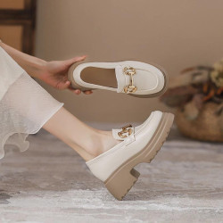 高跟厚底樂福鞋真皮粗跟白色一腳蹬英倫小皮鞋小個子內增高女單鞋