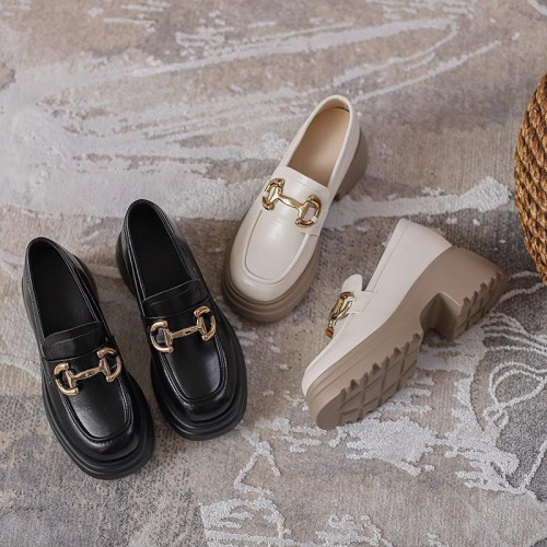 高跟厚底樂福鞋真皮粗跟白色一腳蹬英倫小皮鞋小個子內增高女單鞋