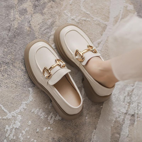 高跟厚底樂福鞋真皮粗跟白色一腳蹬英倫小皮鞋小個子內增高女單鞋