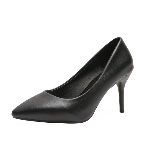 小跟高跟鞋女3cm黑色中跟工作職業啞光皮細跟尖頭學生禮儀5-7單鞋