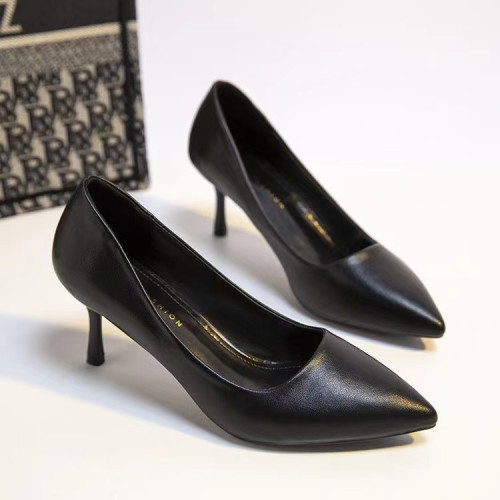 小跟高跟鞋女3cm黑色中跟工作職業啞光皮細跟尖頭學生禮儀5-7單鞋