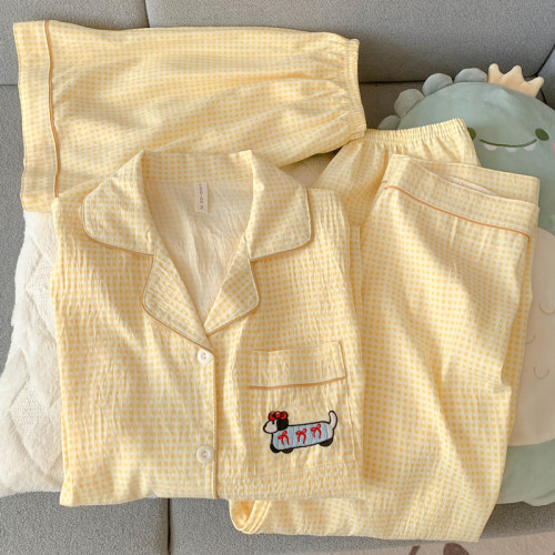 2025新款睡衣夏季女三件套裝可愛格子狗純棉短袖大碼家居服春秋天