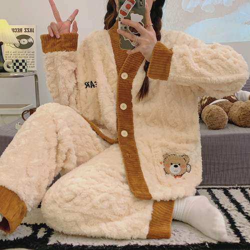 加厚加絨睡衣女款2024新款秋冬季甜美珊瑚絨可外穿閨蜜家居服套裝