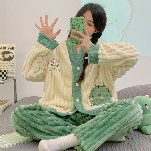 加厚加絨睡衣女款2024新款秋冬季甜美珊瑚絨可外穿閨蜜家居服套裝