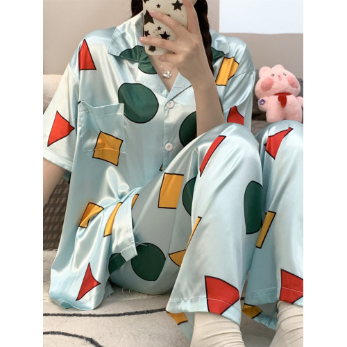 蠟筆小新同款睡衣女夏季冰絲短袖短褲學生寬鬆大碼夏季家居服套裝 蠟筆小新同款睡衣女夏季冰絲短袖短褲學生寬鬆大碼夏季家居服套裝