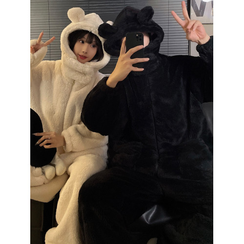 情侶睡衣冬季珊瑚絨加絨加厚高級感可外穿秋冬款男女士連帽家居服