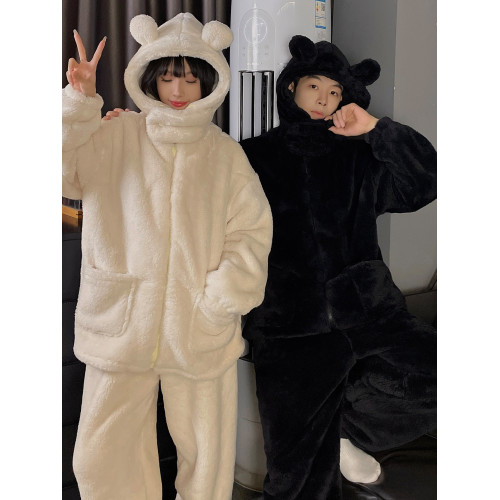 情侶睡衣冬季珊瑚絨加絨加厚高級感可外穿秋冬款男女士連帽家居服