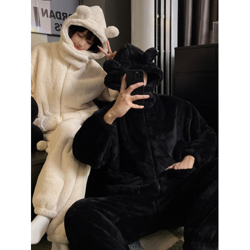 情侶睡衣冬季珊瑚絨加絨加厚高級感可外穿秋冬款男女士連帽家居服