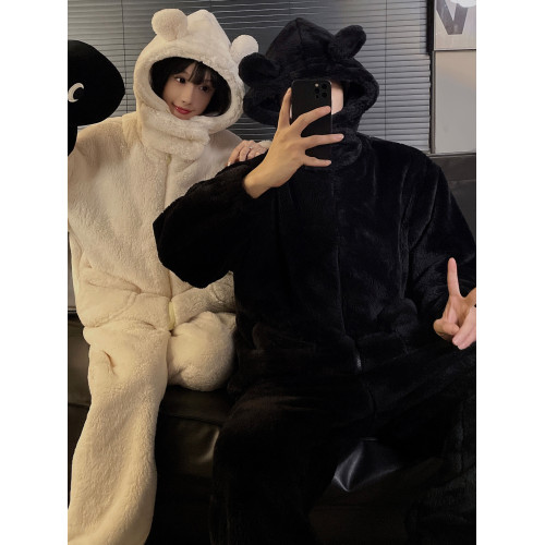 情侶睡衣冬季珊瑚絨加絨加厚高級感可外穿秋冬款男女士連帽家居服