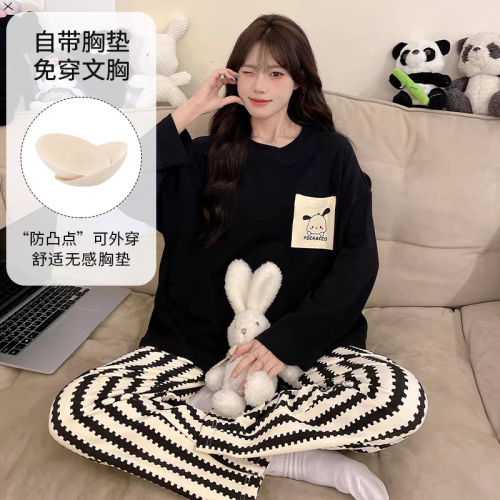 帶胸墊睡衣女春秋款純棉長袖一體防凸點條紋卡通加大碼可外穿套裝 帶胸墊睡衣女春秋款純棉長袖一體防凸點條紋卡通加大碼可外穿套裝