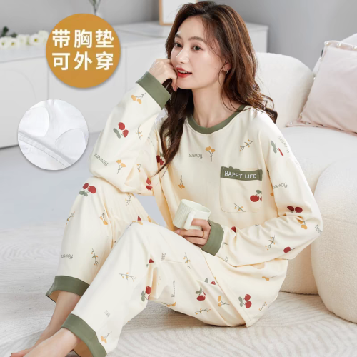 帶胸墊睡衣女春秋款純棉長袖一體防凸點條紋卡通加大碼可外穿套裝 帶胸墊睡衣女春秋款純棉長袖一體防凸點條紋卡通加大碼可外穿套裝