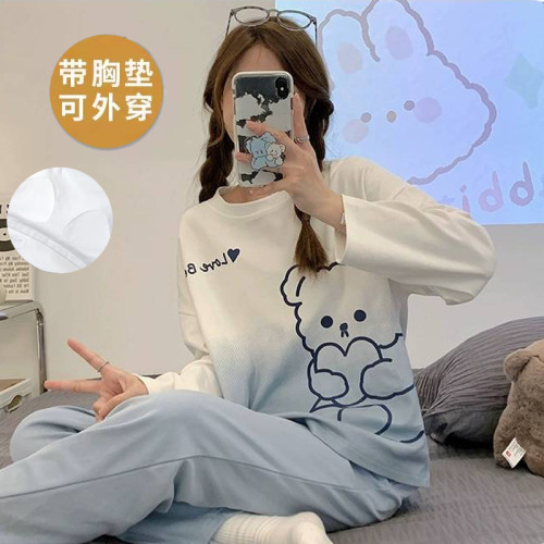 帶胸墊睡衣女春秋款純棉長袖一體防凸點條紋卡通加大碼可外穿套裝 帶胸墊睡衣女春秋款純棉長袖一體防凸點條紋卡通加大碼可外穿套裝
