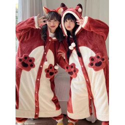 小狐狸睡衣女秋冬季珊瑚絨冬天加厚加絨睡袍可愛長款浴袍家居服