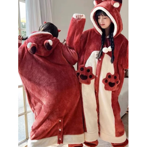 小狐狸睡衣女秋冬季珊瑚絨冬天加厚加絨睡袍可愛長款浴袍家居服