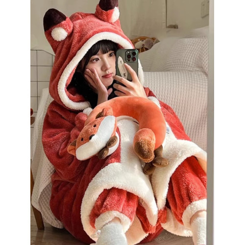小狐狸睡衣女秋冬季珊瑚絨冬天加厚加絨睡袍可愛長款浴袍家居服