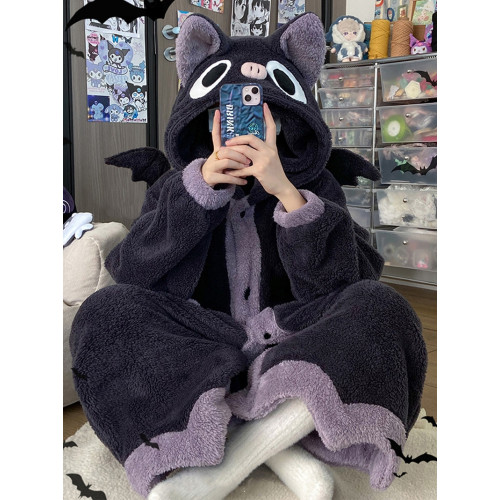 小狐狸睡衣女秋冬季珊瑚絨冬天加厚加絨睡袍可愛長款浴袍家居服