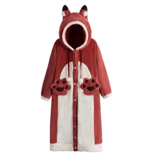 小狐狸睡衣女秋冬季珊瑚絨冬天加厚加絨睡袍可愛長款浴袍家居服