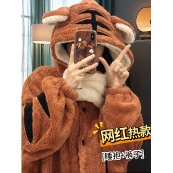 虎虎生威睡衣女秋冬季珊瑚絨加絨加厚冬天睡袍長款浴袍家居服套裝