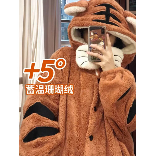 虎虎生威睡衣女秋冬季珊瑚絨加絨加厚冬天睡袍長款浴袍家居服套裝