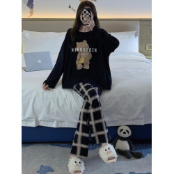 啄木鳥帶胸墊睡衣女士春秋季純棉長袖韓版卡通學生休閒家居服套裝