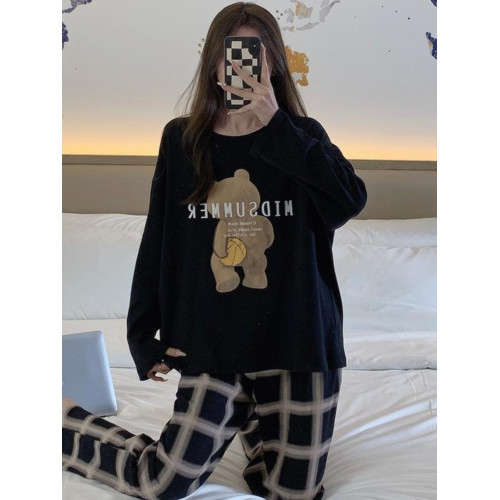 啄木鳥帶胸墊睡衣女士春秋季純棉長袖韓版卡通學生休閒家居服套裝