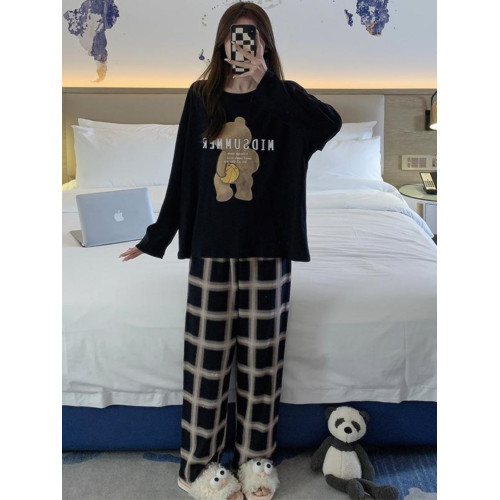 啄木鳥帶胸墊睡衣女士春秋季純棉長袖韓版卡通學生休閒家居服套裝