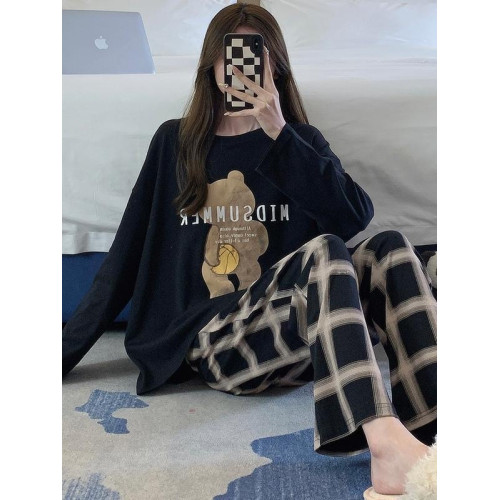 啄木鳥帶胸墊睡衣女士春秋季純棉長袖韓版卡通學生休閒家居服套裝