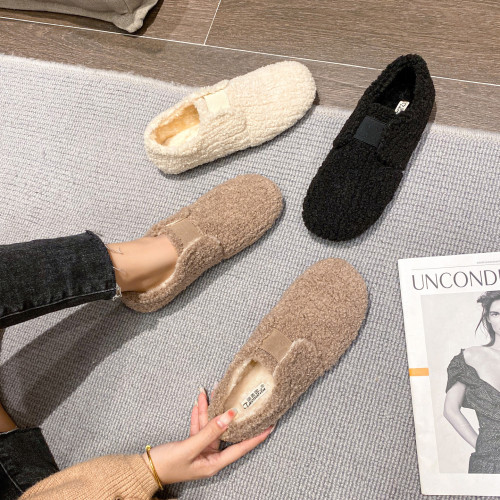 毛毛鞋女秋冬外穿厚底一腳蹬羊羔毛豆豆鞋女加絨棉瓢鞋大碼41到43