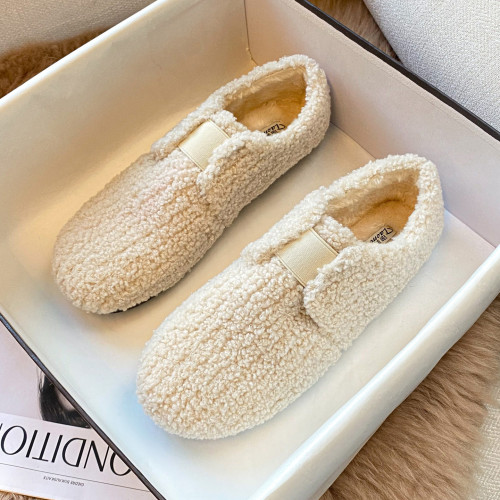 毛毛鞋女秋冬外穿厚底一腳蹬羊羔毛豆豆鞋女加絨棉瓢鞋大碼41到43