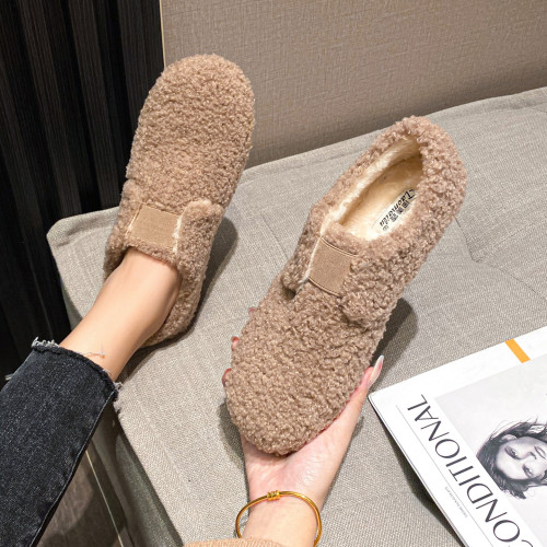 毛毛鞋女秋冬外穿厚底一腳蹬羊羔毛豆豆鞋女加絨棉瓢鞋大碼41到43