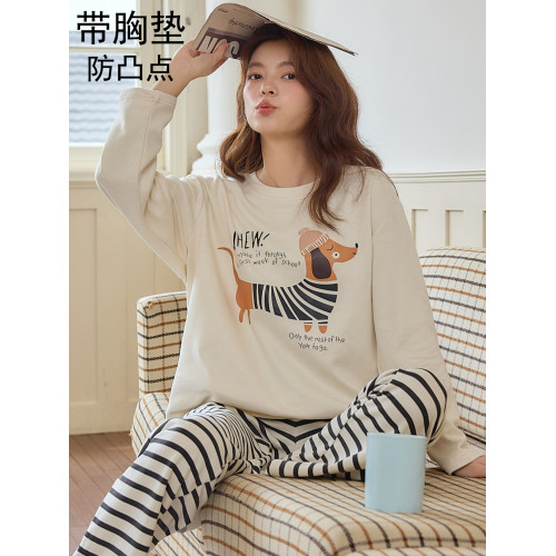 德絨睡衣女款秋冬季帶胸墊加厚保暖韓版甜美卡通可外穿家居服套裝