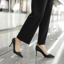 羊皮真皮黑色高跟鞋女春秋細跟職業工作鞋女鞋久站不累腳單鞋上班