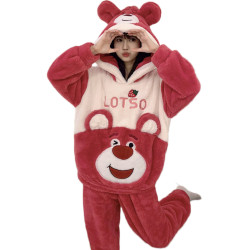 秋冬季加厚睡衣女士可愛卡通草莓熊珊瑚絨套裝新款網紅爆款家居服