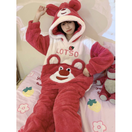 秋冬季加厚睡衣女士可愛卡通草莓熊珊瑚絨套裝新款網紅爆款家居服