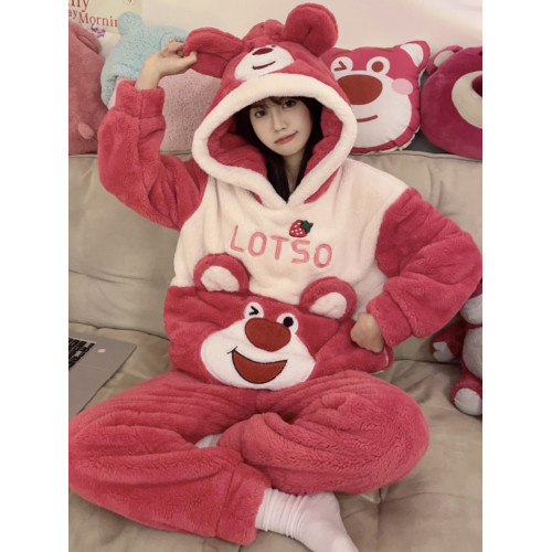 秋冬季加厚睡衣女士可愛卡通草莓熊珊瑚絨套裝新款網紅爆款家居服