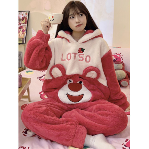 秋冬季加厚睡衣女士可愛卡通草莓熊珊瑚絨套裝新款網紅爆款家居服