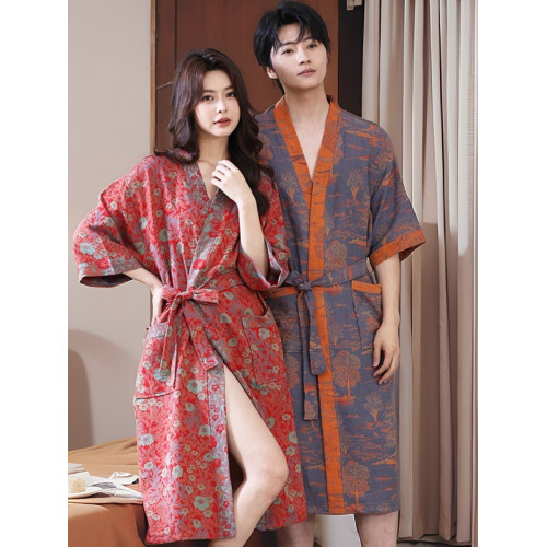 春夏薄款浴袍純棉雙層紗布浴袍家居服睡袍情侶款吸水速乾浴衣大碼
