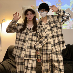 情侶睡衣女春秋款韓版高級感條紋純棉長袖男士大碼簡約家居服套裝