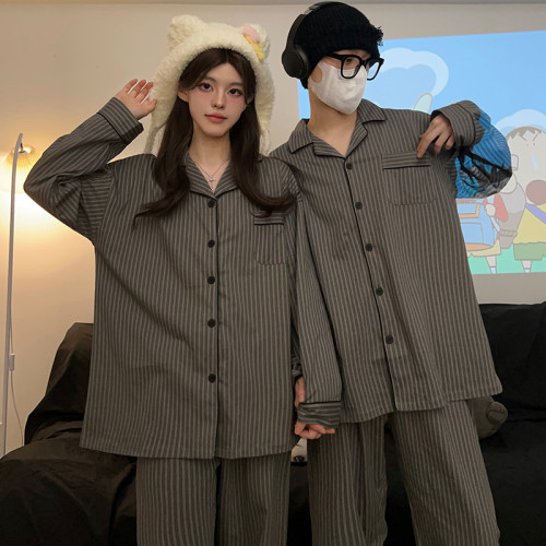 情侶睡衣女春秋款韓版高級感條紋純棉長袖男士大碼簡約家居服套裝 情侶睡衣女春秋款韓版高級感條紋純棉長袖男士大碼簡約家居服套裝