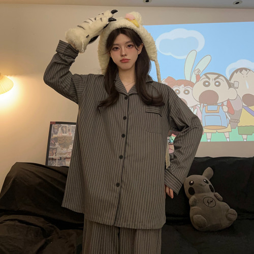 情侶睡衣女春秋款韓版高級感條紋純棉長袖男士大碼簡約家居服套裝 情侶睡衣女春秋款韓版高級感條紋純棉長袖男士大碼簡約家居服套裝