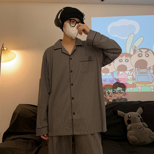 情侶睡衣女春秋款韓版高級感條紋純棉長袖男士大碼簡約家居服套裝 情侶睡衣女春秋款韓版高級感條紋純棉長袖男士大碼簡約家居服套裝